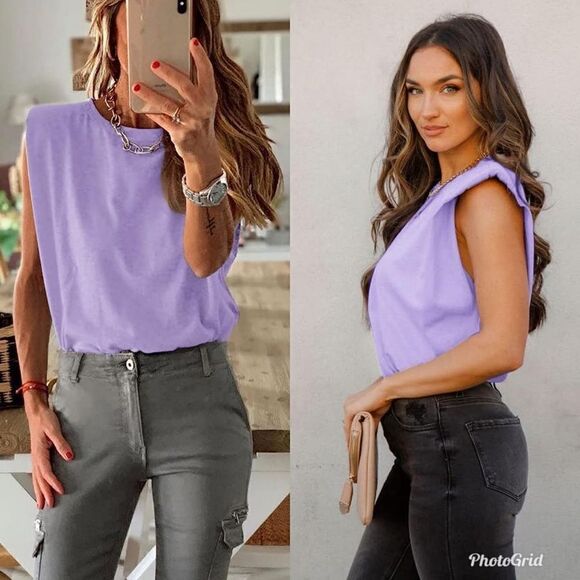 2/$20 Sleeveless Padded Strong Shoulder T-Shirt Crewneck Loose Tank Top Lavender - Picture 3 of 8